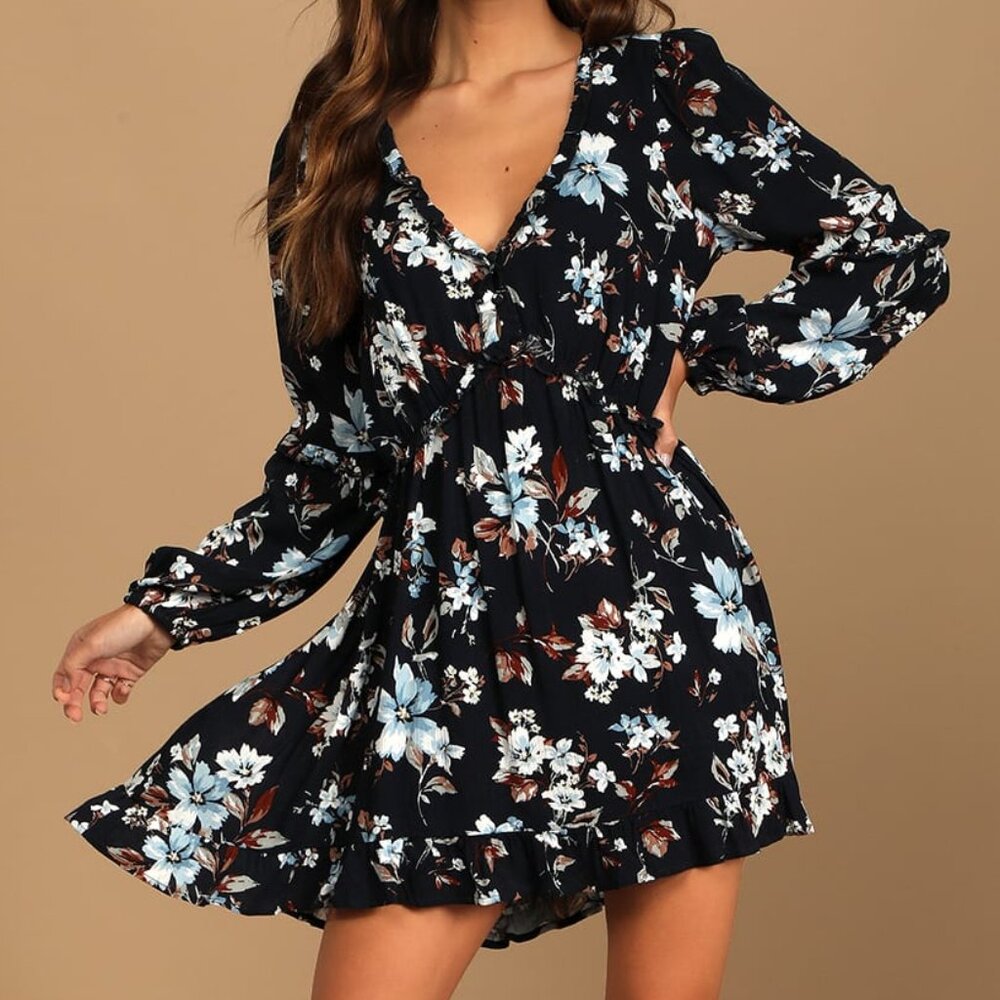 Lulu's Lovely Blooms navy blue floral long sleeve baby doll dress